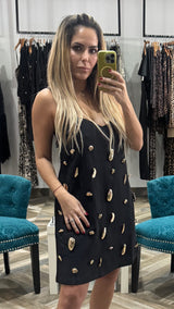 Black Metallic Embellished A-line Mini Dress