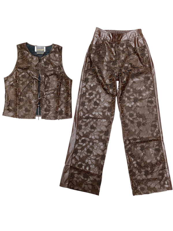 Chocolate Faux Leather Vest & Pants Set