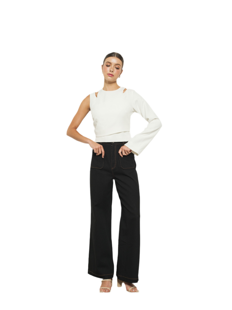 Round Neck Asymmetrical Sleeve Cut-Out Crop Top