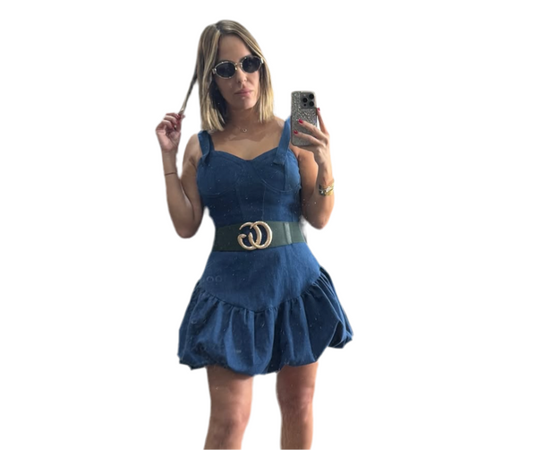 Denim mini ruffled bubble dress