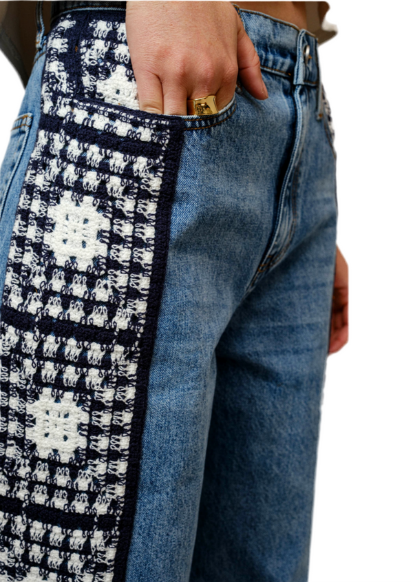 Garment Washed Side Crochet Denim
