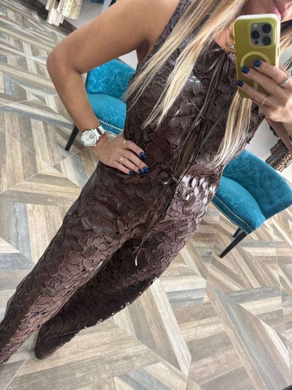 Chocolate Faux Leather Vest & Pants Set