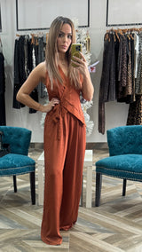 Halter Neck Wrap Satin Top And Pant Set