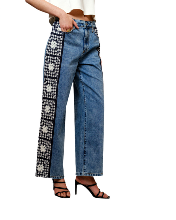 Garment Washed Side Crochet Denim