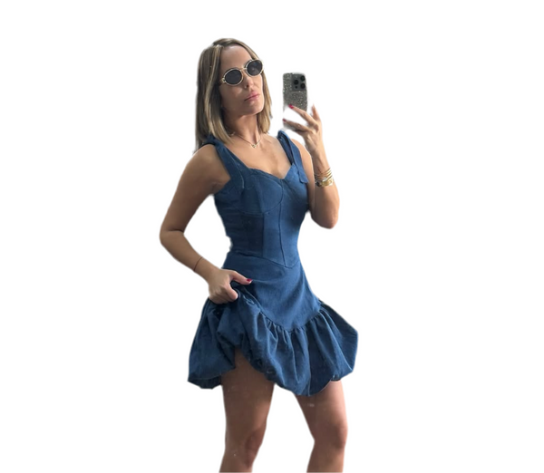 Denim mini ruffled bubble dress