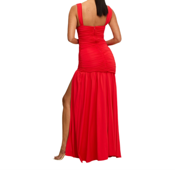 RED SOLID JERSEY RUCHED MAXI DRESS