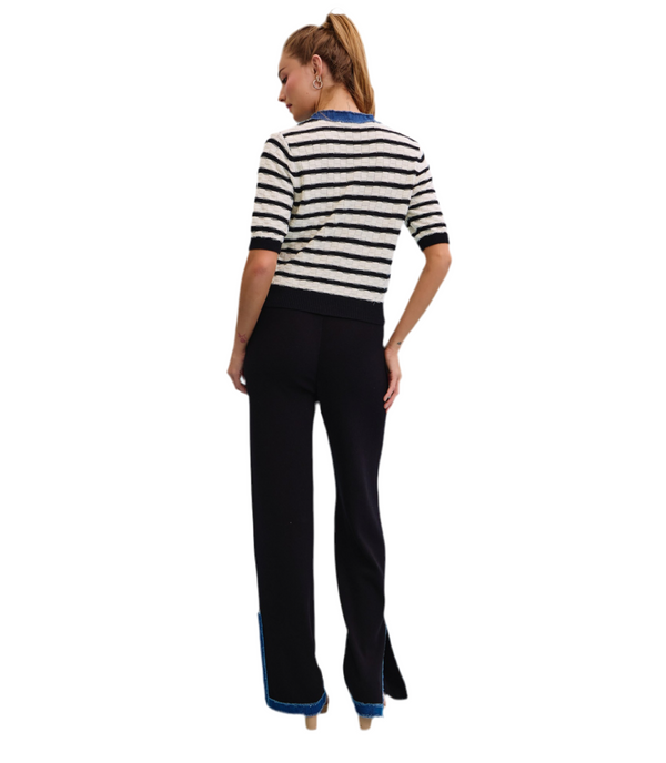 Denim Charm Striped Cardigan With Pants Set