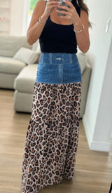 Black Leopard Blue Denim Band Maxi Skirt - Pre order