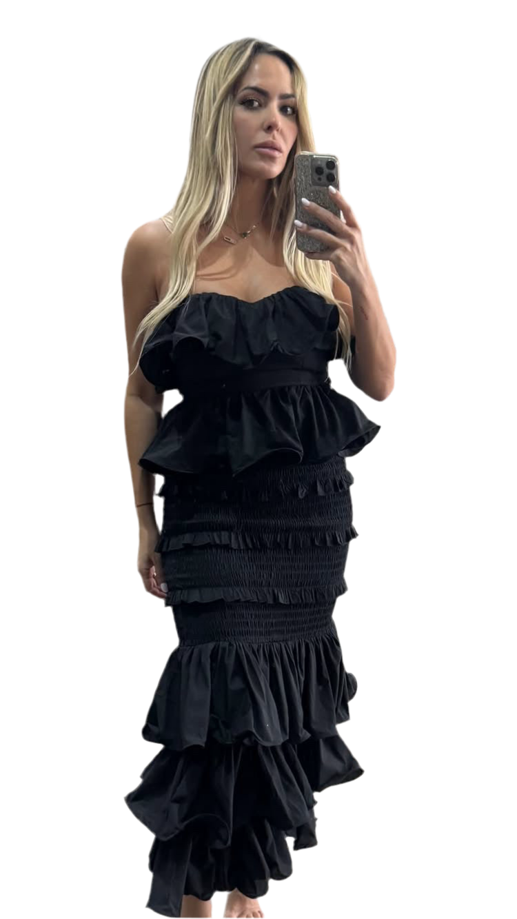 Ruffle Tube Top And Ruffle Tiered Midi Skirt Set