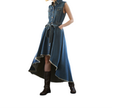 Denim Button Down Sleeveless Hi-Lo Hem Midi Dress