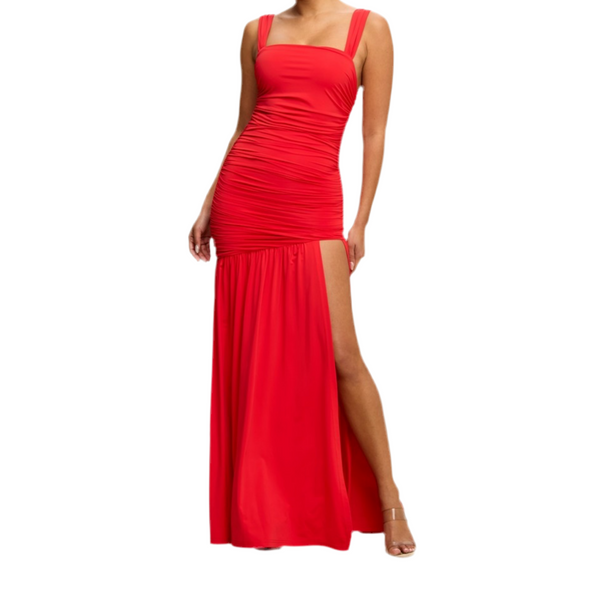 RED SOLID JERSEY RUCHED MAXI DRESS