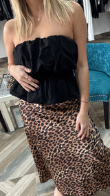 Black-Strapless Bubble Peplum Top With Elastic Waist