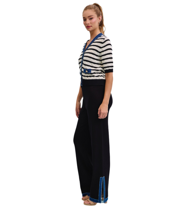 Denim Charm Striped Cardigan With Pants Set