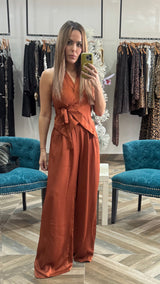 Halter Neck Wrap Satin Top And Pant Set