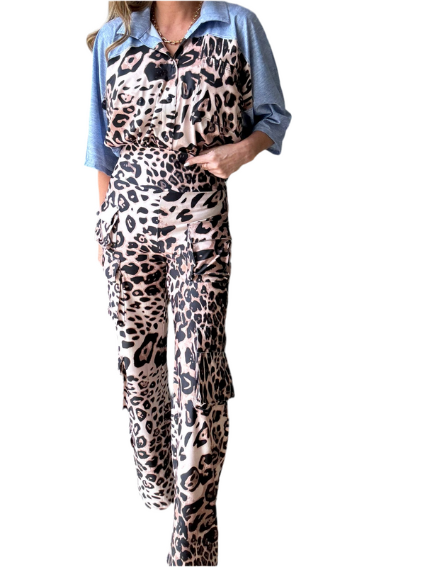 Pre order-Leopard Denim Cargo Set