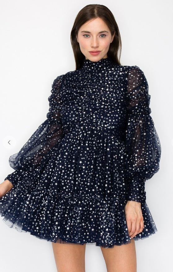 Mockneck Ruched Glitter Long Sleeve Mini Dress