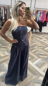 Linen Pin Stripe Buttoned Strapless Vest With Wide