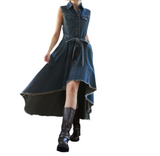 Denim Button Down Sleeveless Hi-Lo Hem Midi Dress