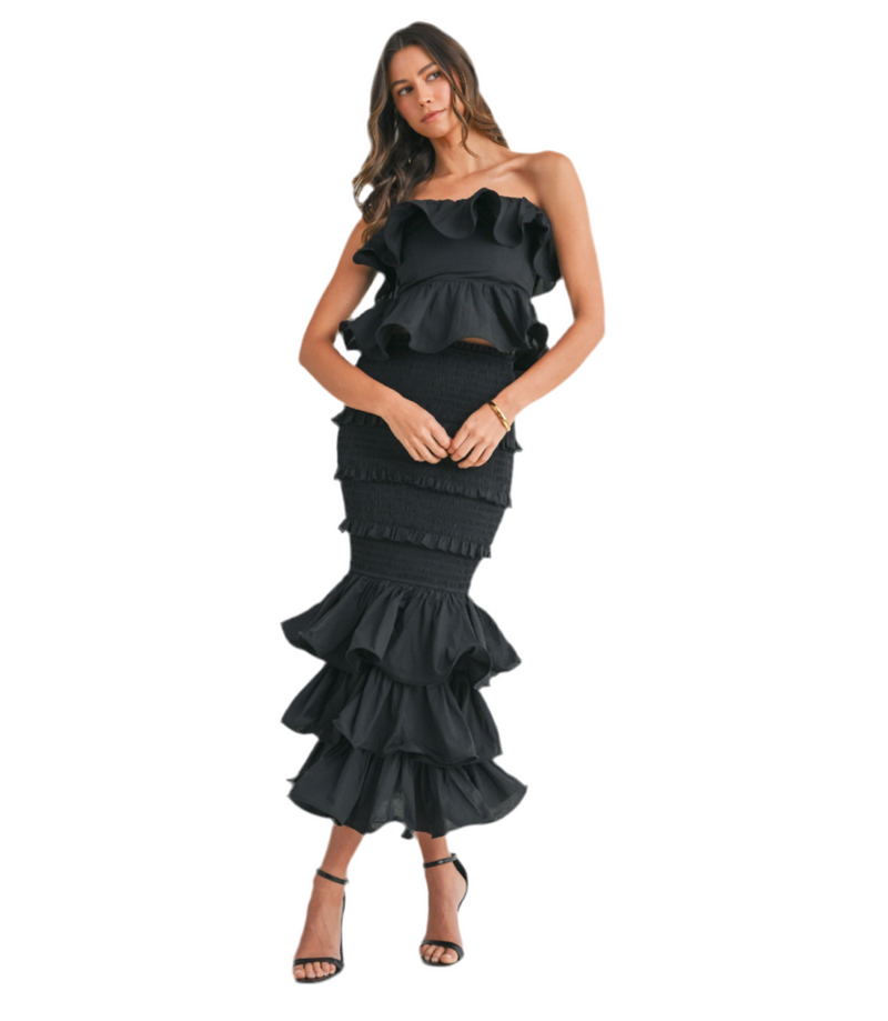 Ruffle Tube Top And Ruffle Tiered Midi Skirt Set