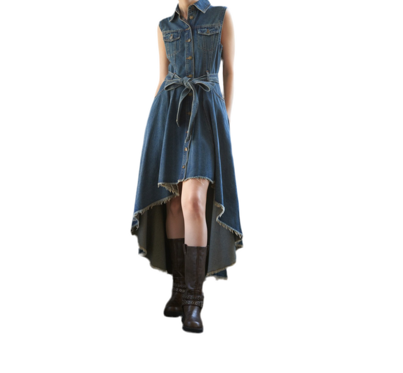 Denim Button Down Sleeveless Hi-Lo Hem Midi Dress