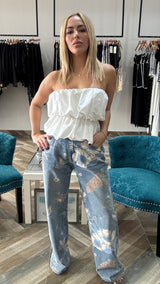 White-Strapless Bubble Peplum Top With Elastic Waist