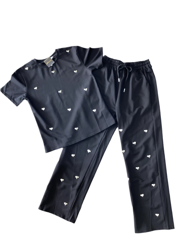 Solid Top/Pants w/Rhinestones Set