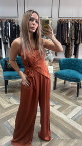 Halter Neck Wrap Satin Top And Pant Set