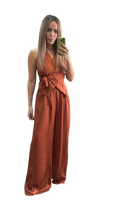 Halter Neck Wrap Satin Top And Pant Set
