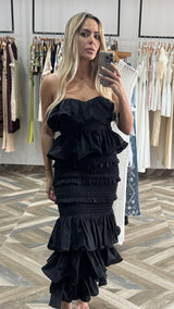 Ruffle Tube Top And Ruffle Tiered Midi Skirt Set