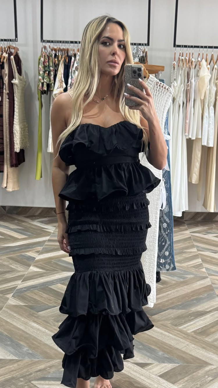 Ruffle Tube Top And Ruffle Tiered Midi Skirt Set