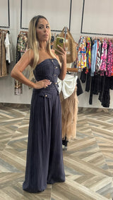 Linen Pin Stripe Buttoned Strapless Vest With Wide