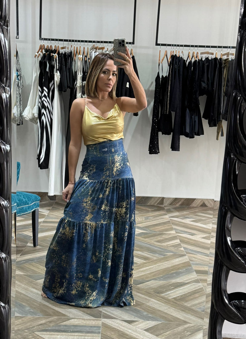 Gold & Denim Maxi Skirt