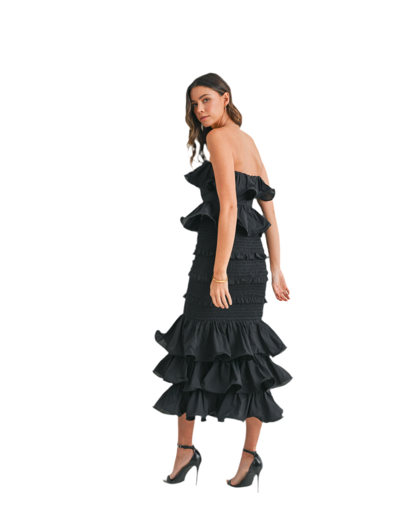 Ruffle Tube Top And Ruffle Tiered Midi Skirt Set