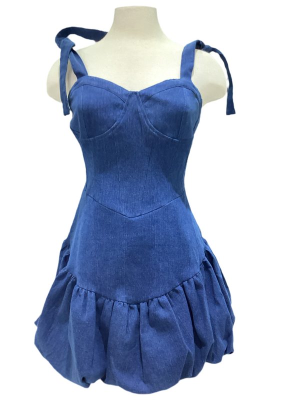 Denim mini ruffled bubble dress