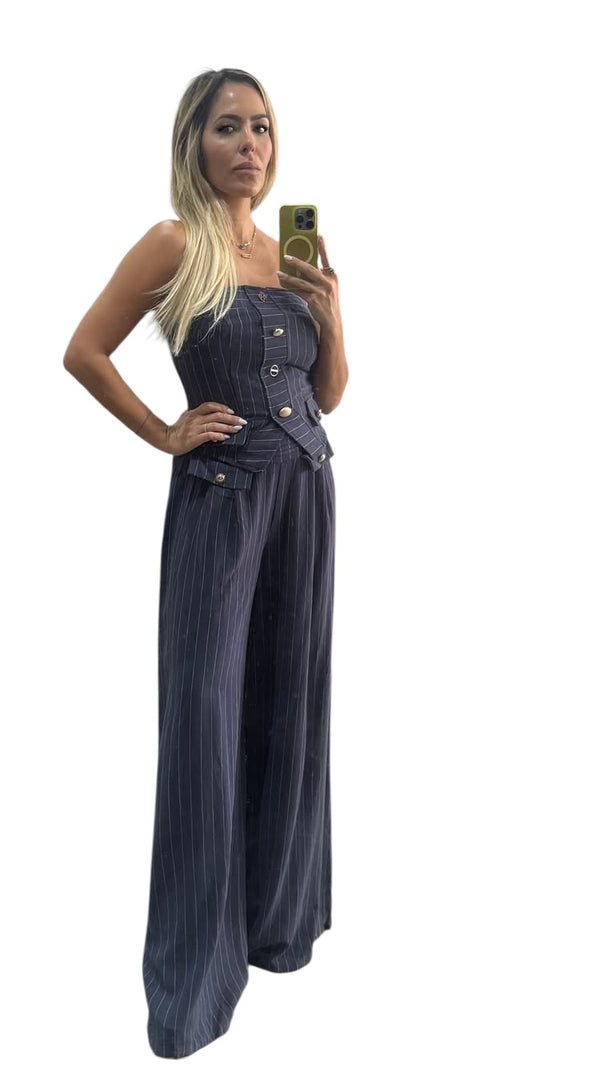 Linen Pin Stripe Buttoned Strapless Vest With Wide