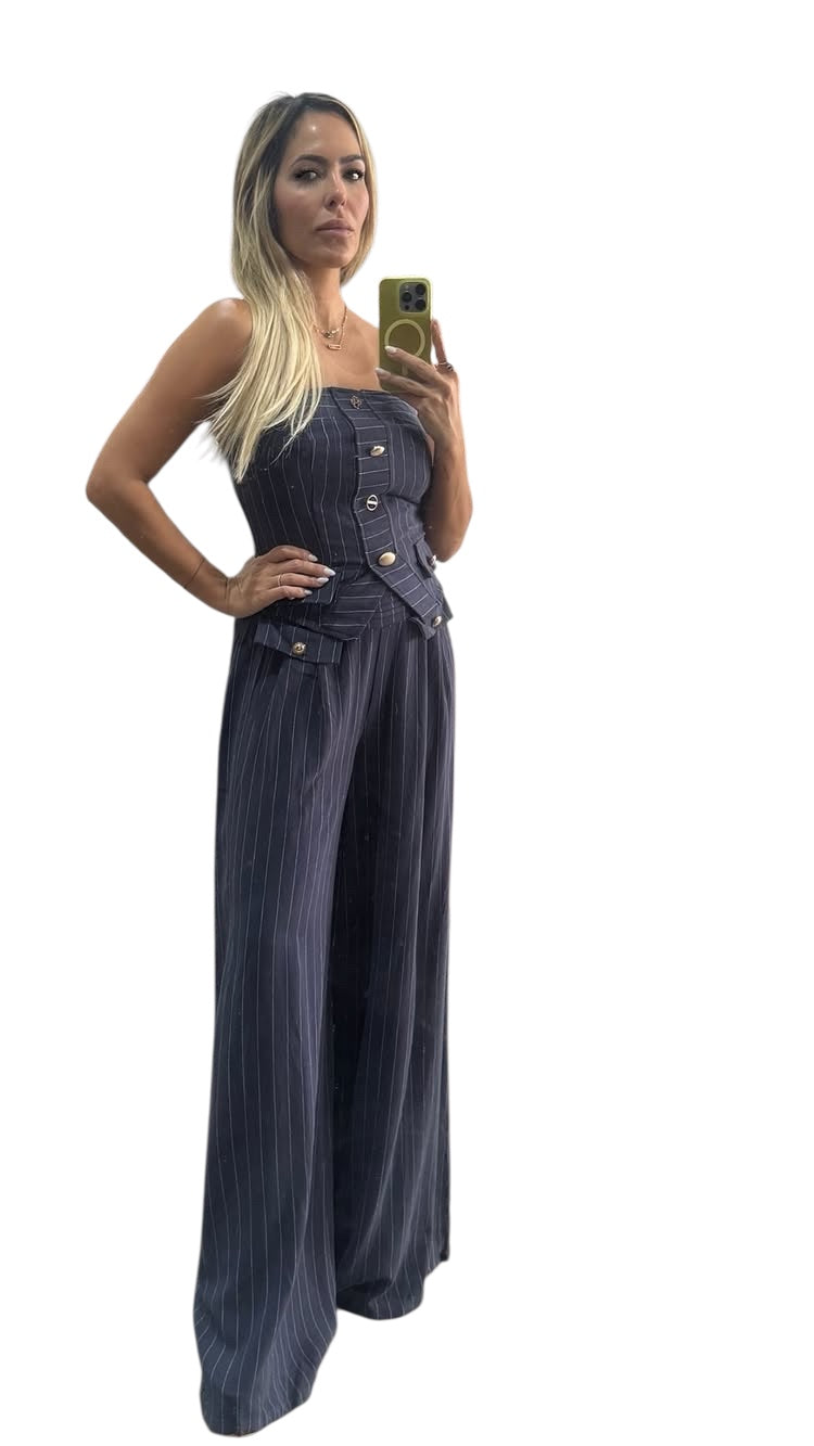 Linen Pin Stripe Buttoned Strapless Vest With Wide