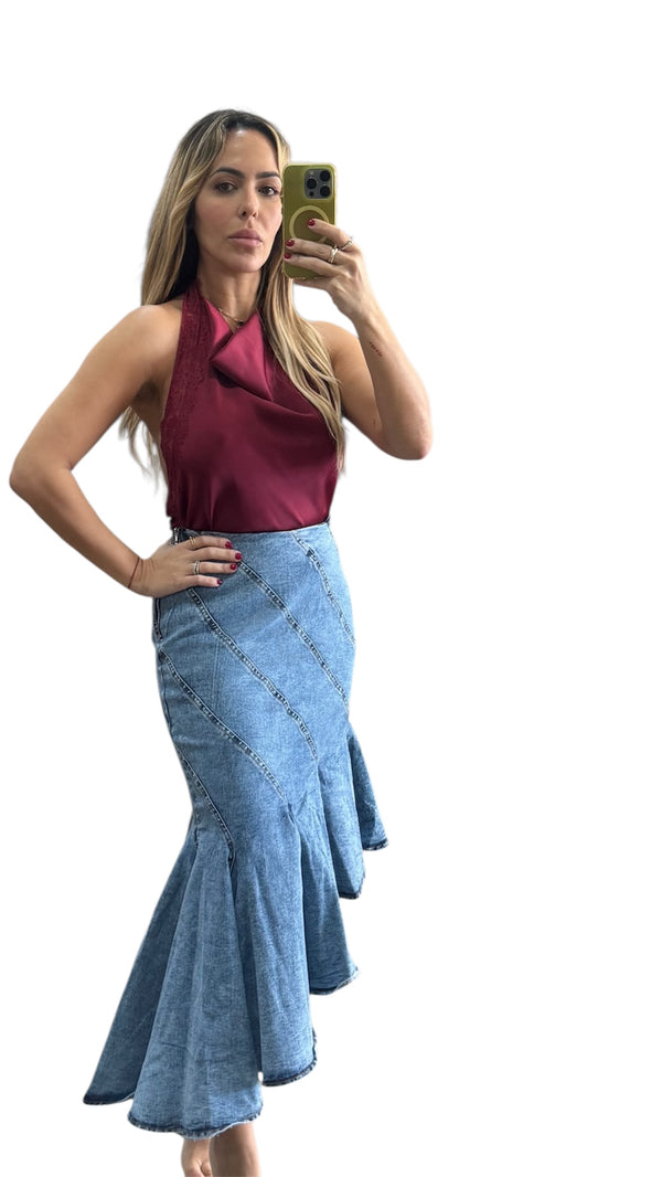 Cascade Curve Denim Skirt