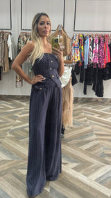 Linen Pin Stripe Buttoned Strapless Vest With Wide