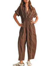 Short Sleeve Shirt Smocked Waist Barrel Jumpsuit