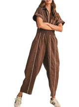 Short Sleeve Shirt Smocked Waist Barrel Jumpsuit