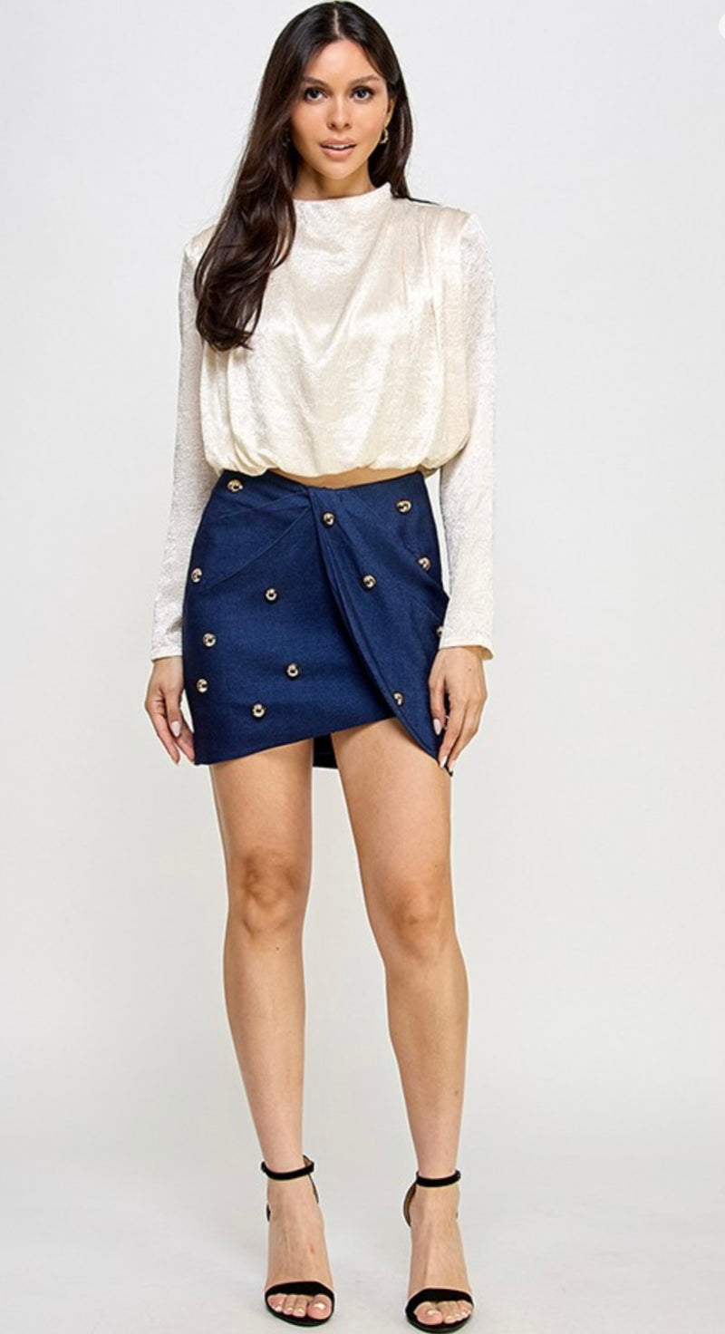 Denim stud mini skirt