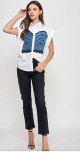 DENIM COLOR BLOCK BUTTON SHIRT