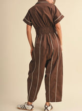 Short Sleeve Shirt Smocked Waist Barrel Jumpsuit