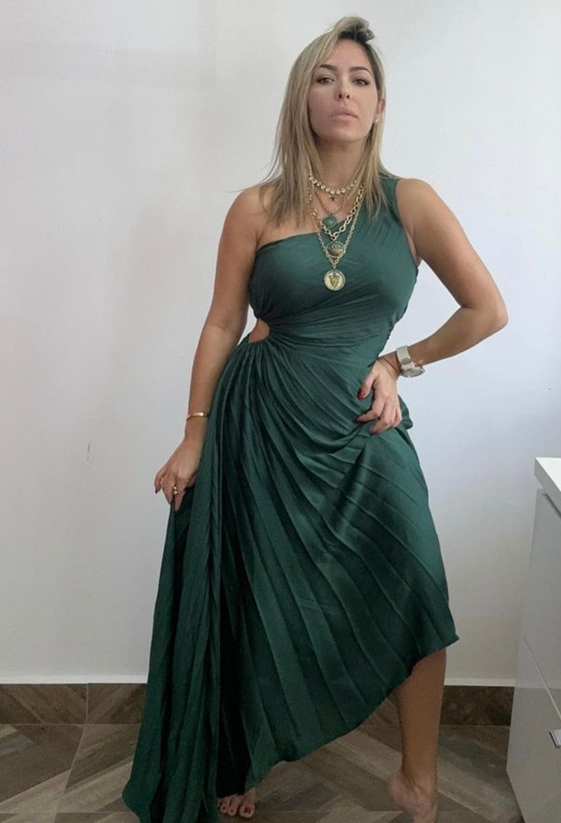 One shoulder cut-out green midi dress