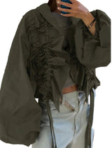 Pre Order-Ruched Front Puff Sleeve Tie Waist Blouse