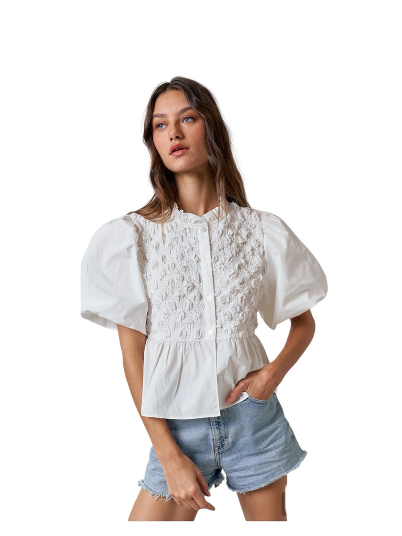 Texture Puff Sleeve Button Blouse Top
