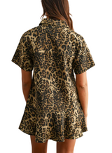 Leopard Print Denim Short Sleeve Collared Mini Dress