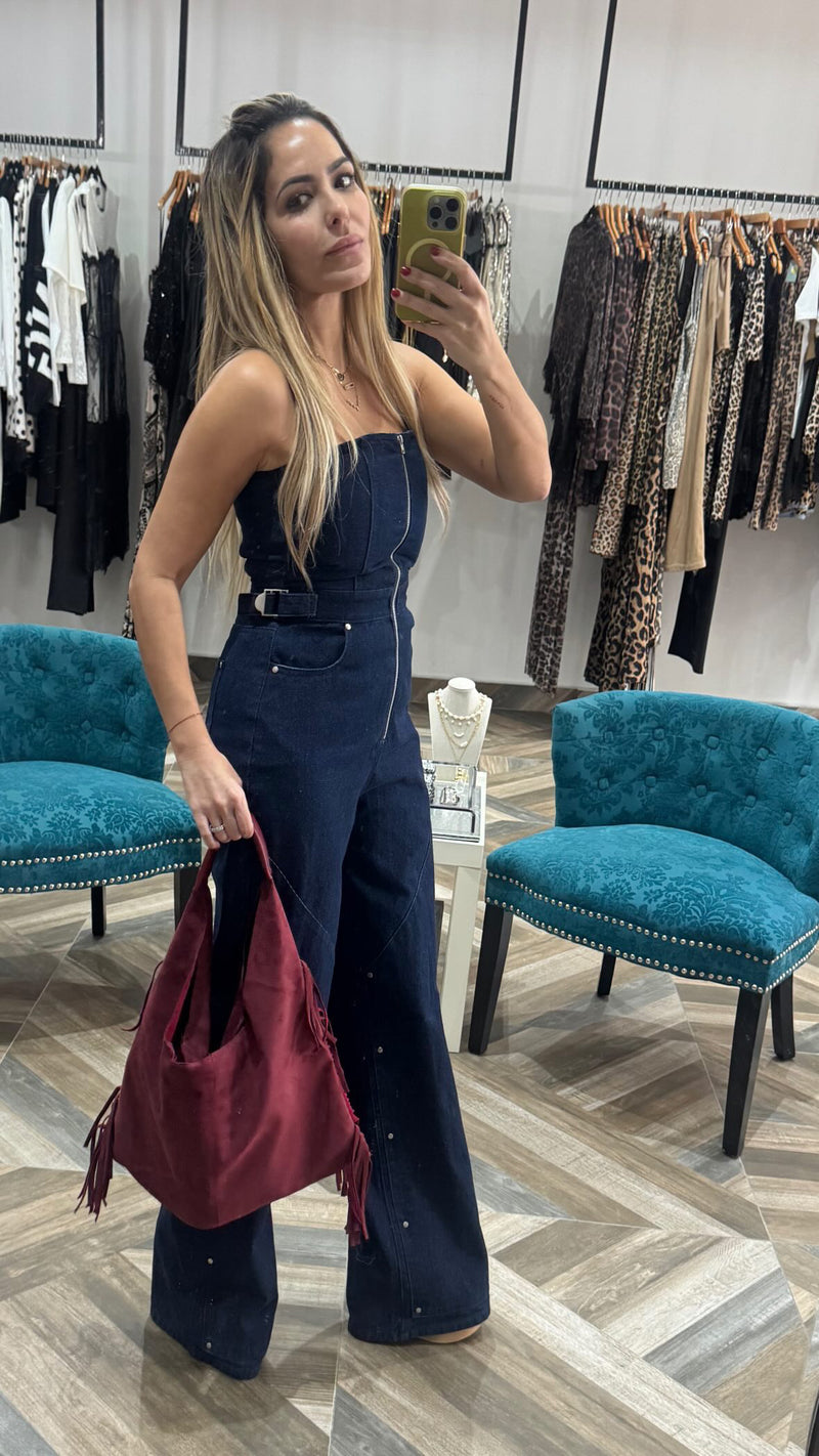 Strapless Stud Detailed Denim Jumpsuit