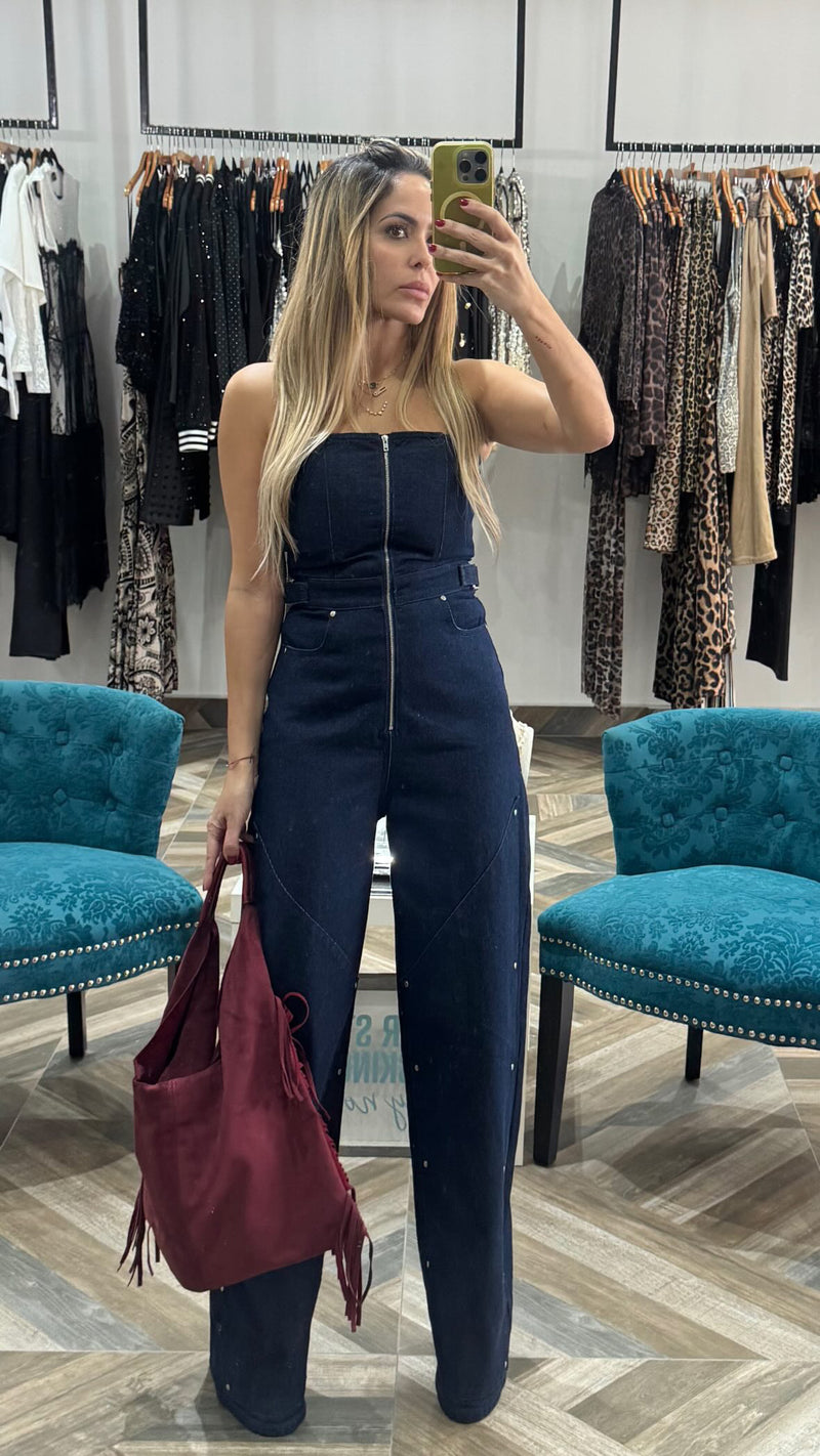 Strapless Stud Detailed Denim Jumpsuit