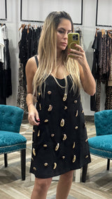 Black Metallic Embellished A-line Mini Dress